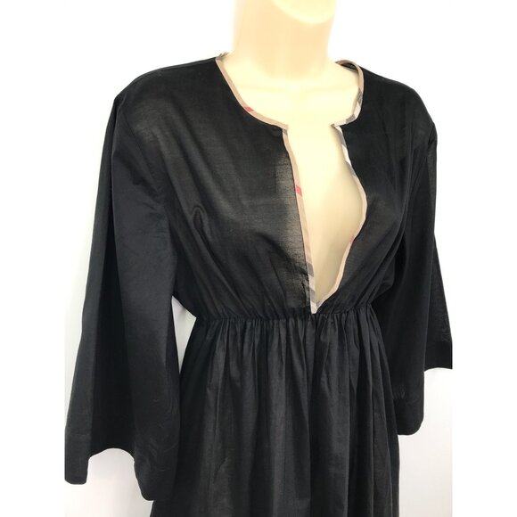 Burberry Babydoll Plaid Trim Deep V-Neck Dress Lightweight Cotton Black Large - Picture 4 of 7